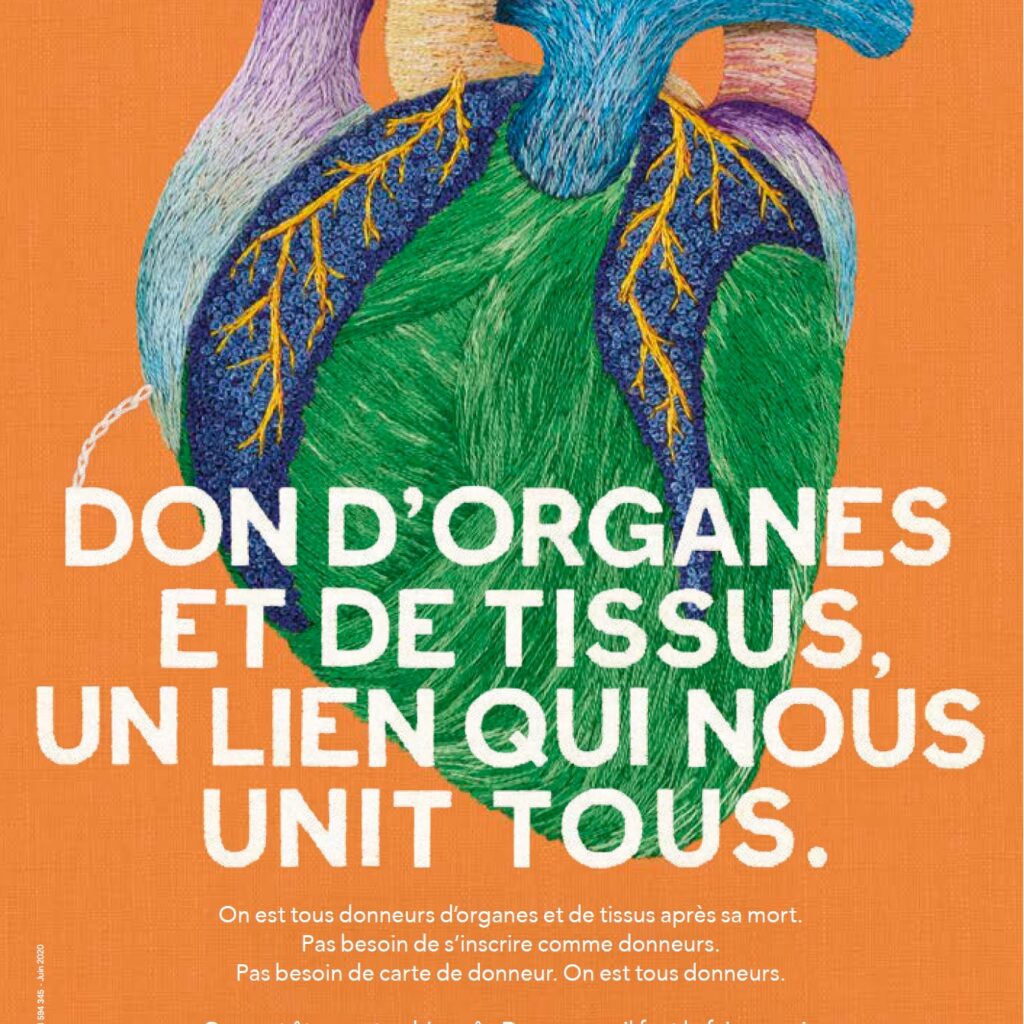 Une affiche diffusée par l'agence de la biomédecine qui représente un cœur stylisé en broderie avec le slogan "don d'organe et de tissus, un lien qui nous unit tous."